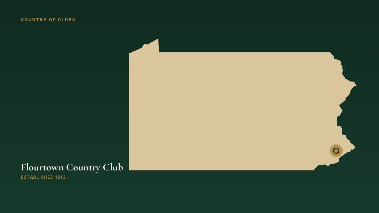 Map illustration marking the location of Flourtown Country Club in Flourtown, Pennsylvania.
