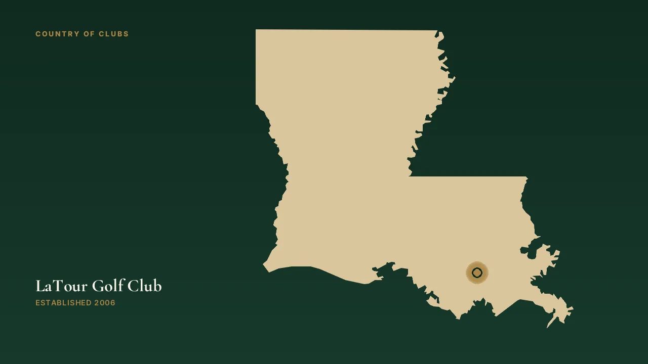 Map illustration marking the location of LaTour Golf Club in Mathews, Louisiana.
