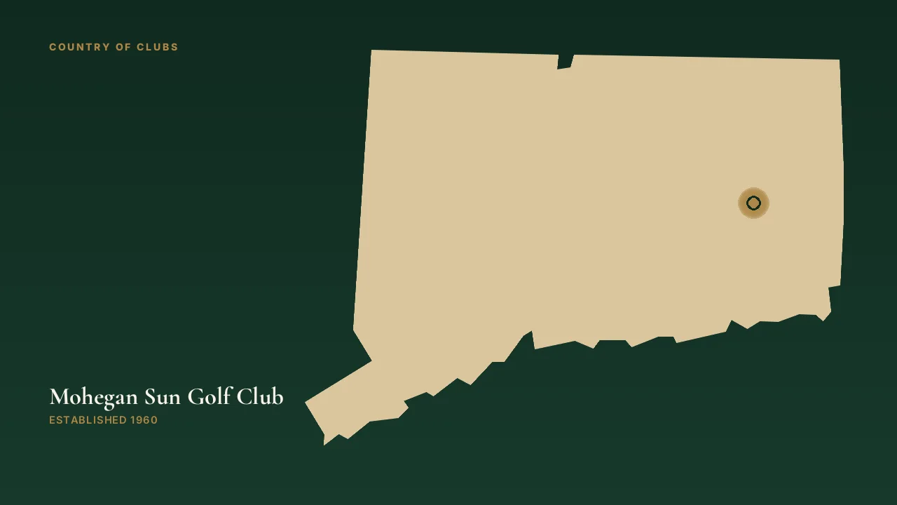 Map illustration marking the location of Mohegan Sun Golf Club in Baltic, Connecticut.