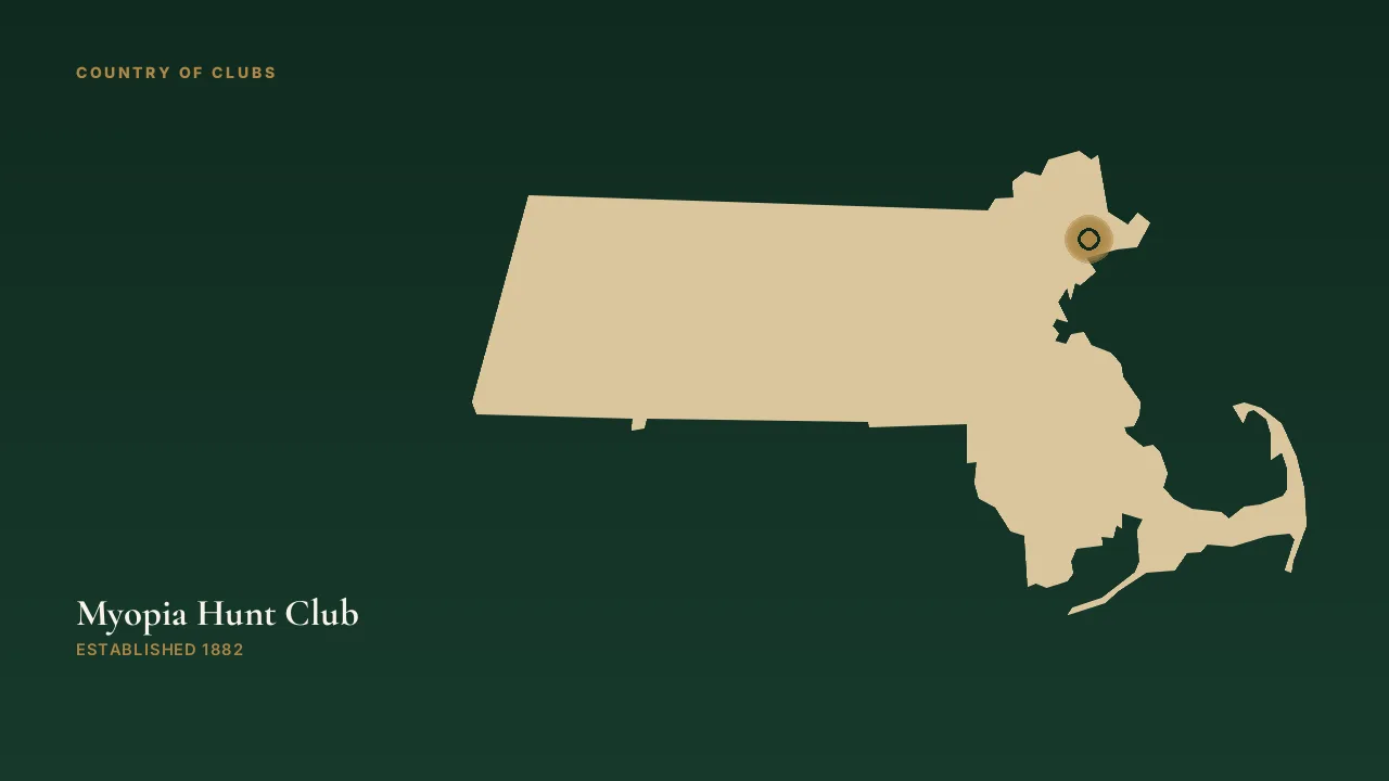 Map illustration marking the location of Myopia Hunt Club in South Hamilton, Massachusetts.