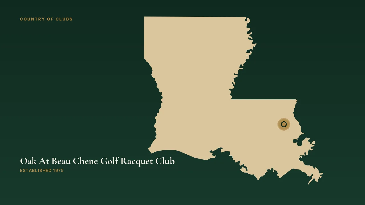 Map illustration marking the location of Oak At Beau Chene Golf Racquet Club in Mandeville, Louisiana.