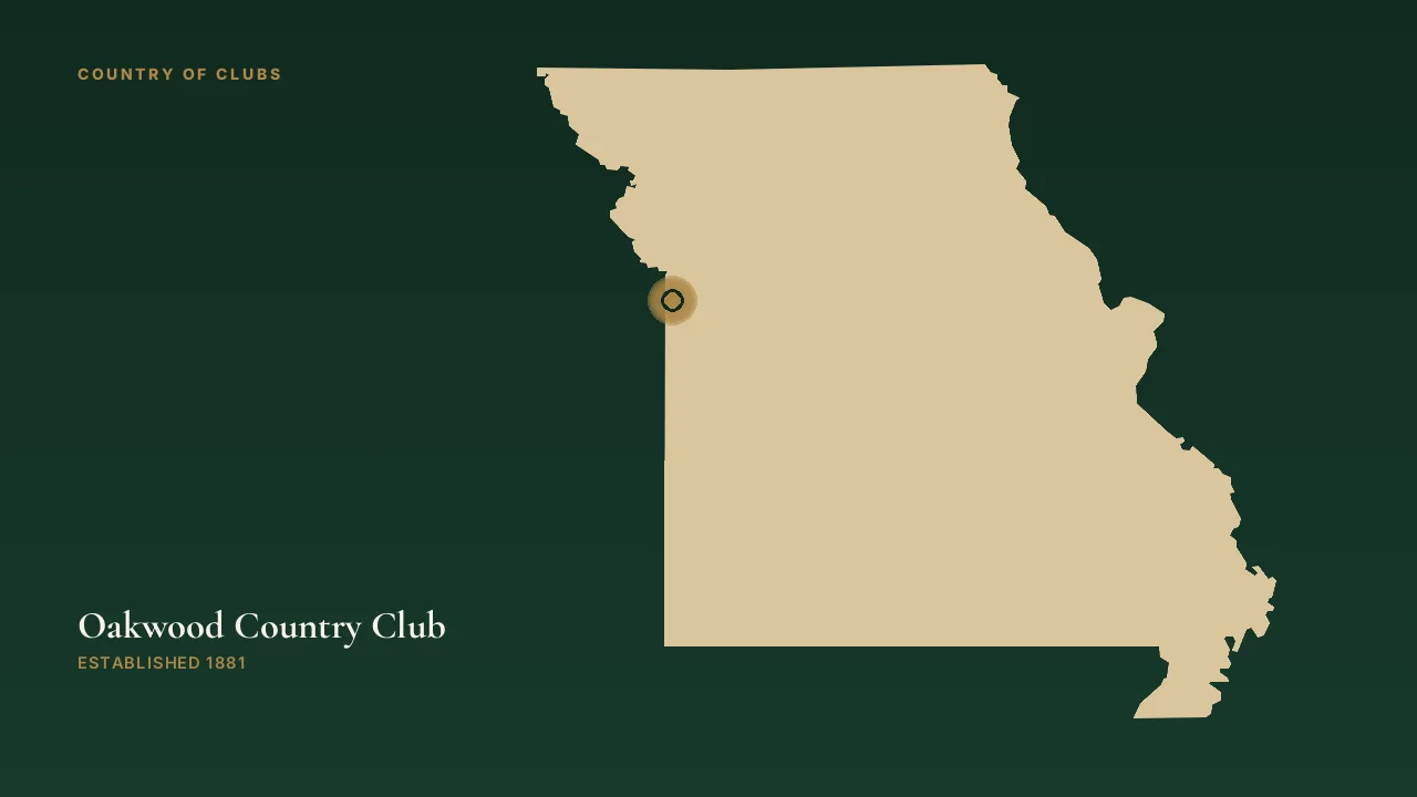 Map illustration marking the location of Oakwood Country Club in Kansas City, Missouri.