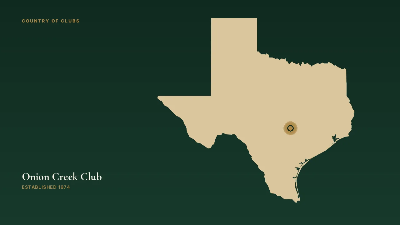 Map illustration marking the location of Onion Creek Club in Austin, Texas.