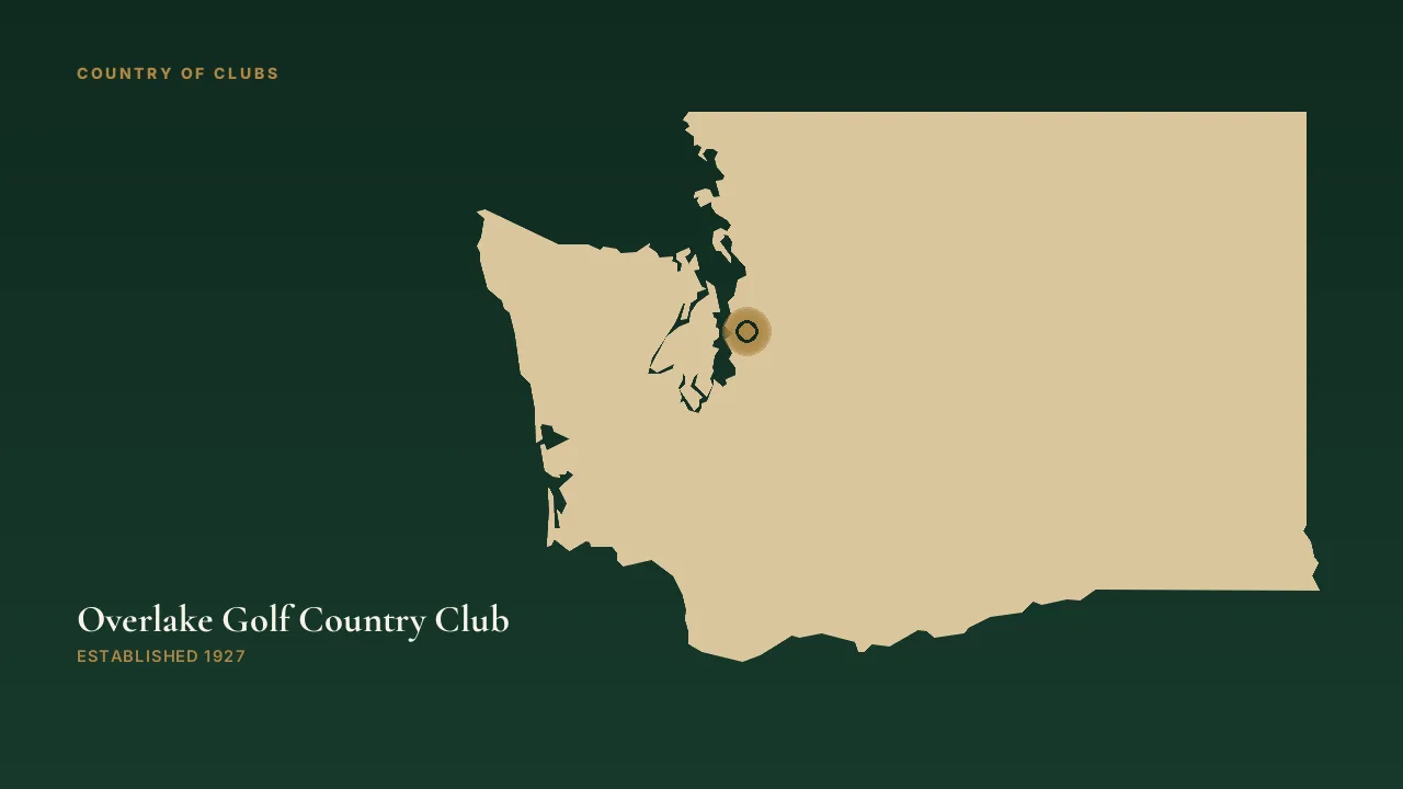 Map illustration marking the location of Overlake Golf Country Club in Medina, Washington.