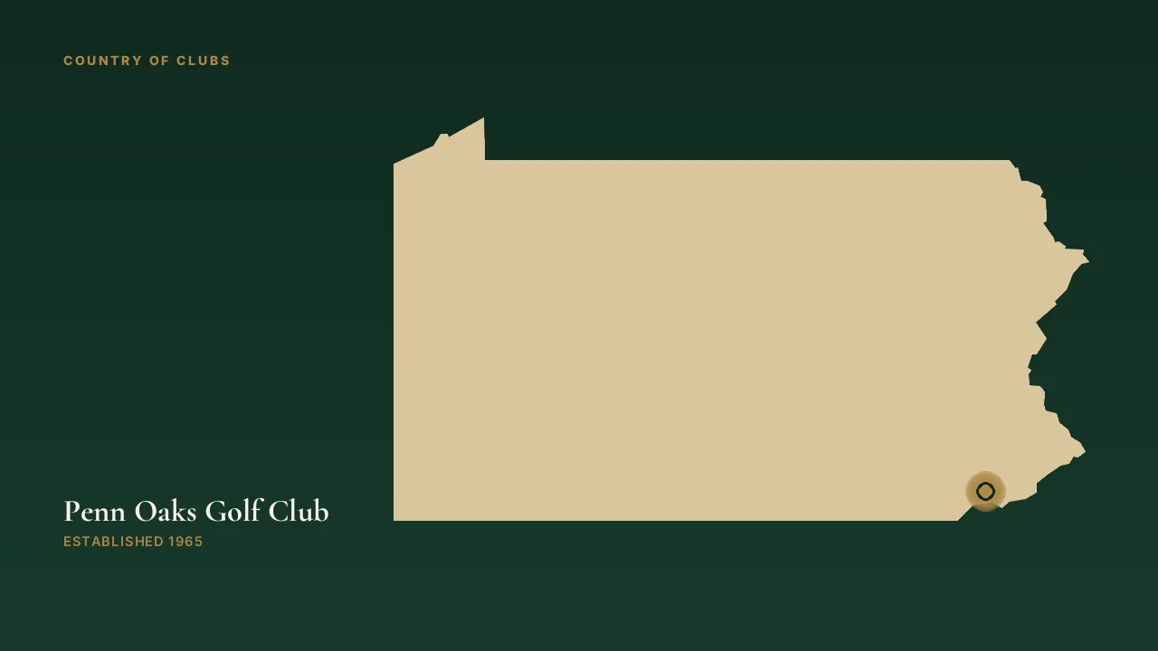 Map illustration marking the location of Penn Oaks Golf Club in West Chester, Pennsylvania.