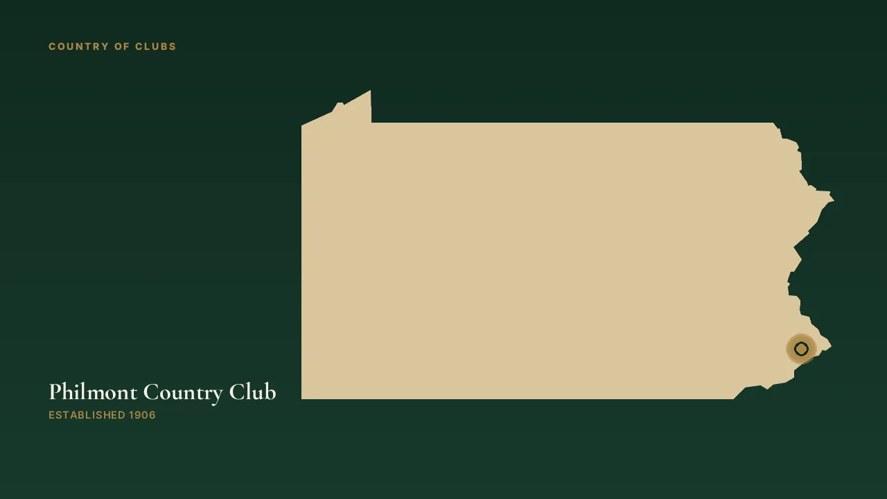 Map illustration marking the location of Philmont Country Club in Huntingdon Valley, Pennsylvania.