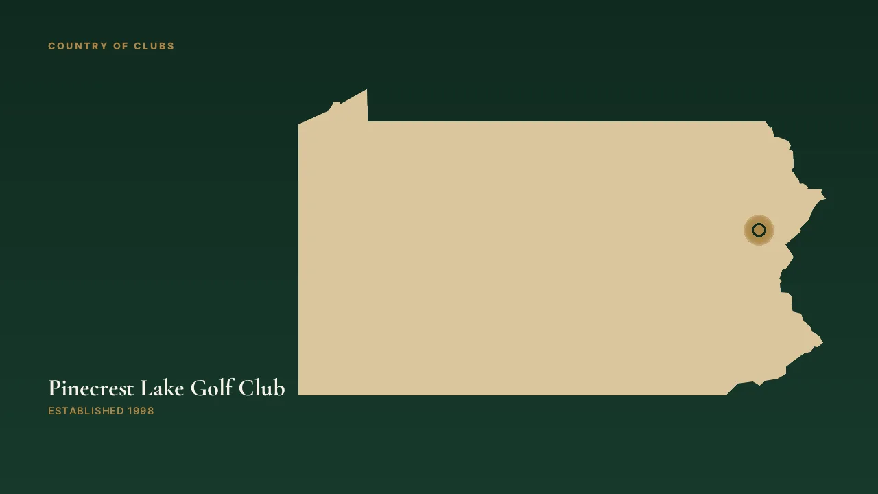 Map illustration marking the location of Pinecrest Lake Golf Club in Pocono Pines, Pennsylvania.