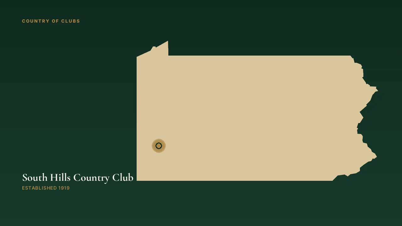 Map illustration marking the location of South Hills Country Club in Pittsburgh, Pennsylvania.
