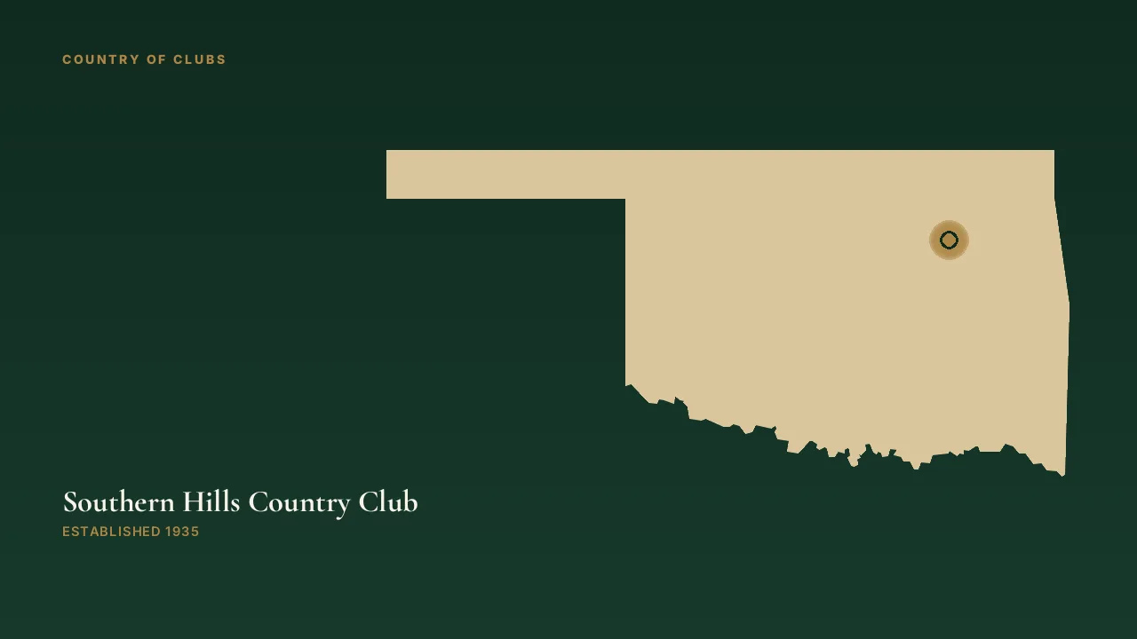 Map illustration marking the location of Southern Hills Country Club in Tulsa, Oklahoma.