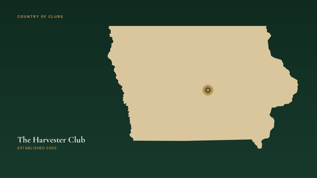 Map illustration marking the location of The Harvester Club in Rhodes, Iowa.