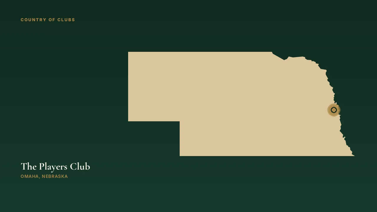 Map illustration marking the location of The Players Club in Omaha, Nebraska.
