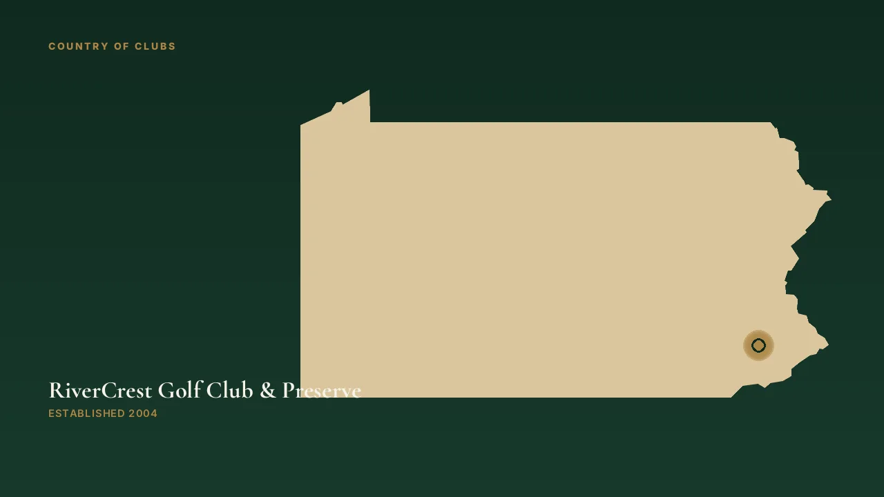 Map illustration marking the location of RiverCrest Golf Club & Preserve in Phoenixville, Pennsylvania.