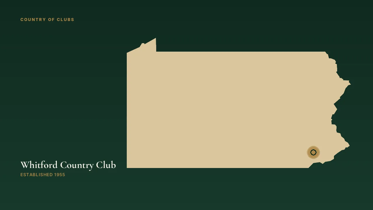 Map illustration marking the location of Whitford Country Club in Exton, Pennsylvania.