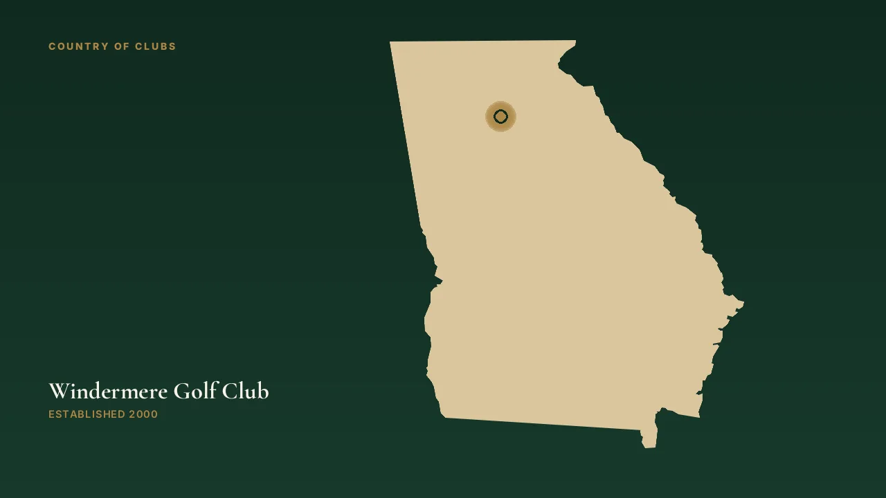 Map illustration marking the location of Windermere Golf Club in Cumming, Georgia.