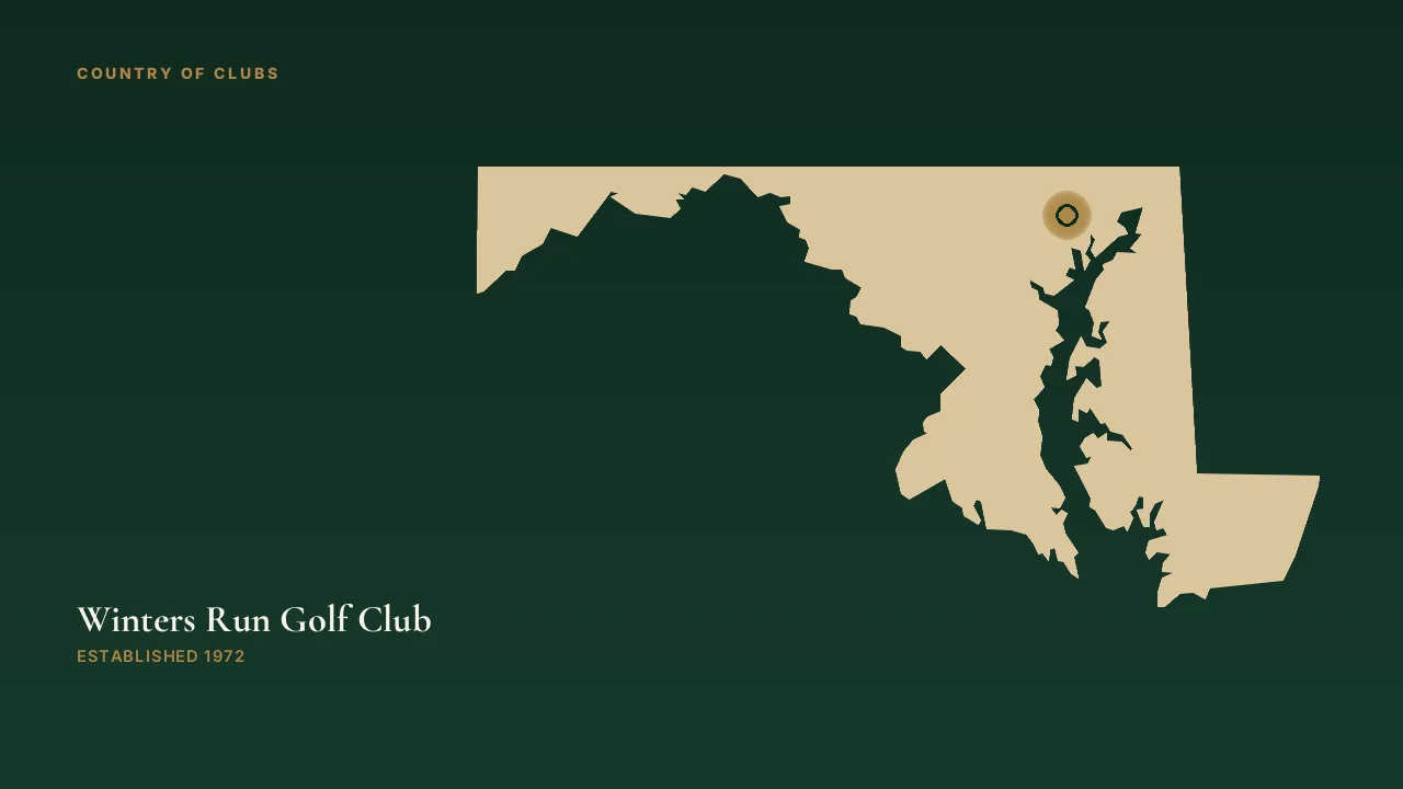 Map illustration marking the location of Winters Run Golf Club in Bel Air, Maryland.