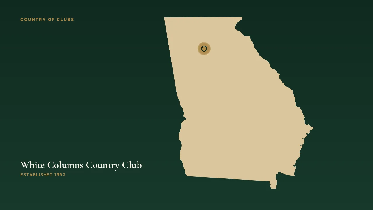 Map illustration marking the location of White Columns Country Club in Milton, Georgia.