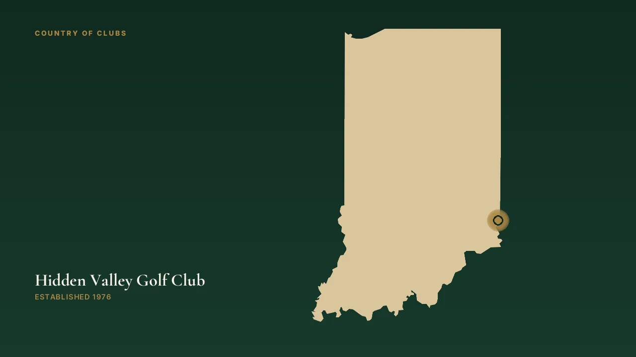 Map illustration marking the location of Hidden Valley Golf Club in Lawrenceburg, Indiana.