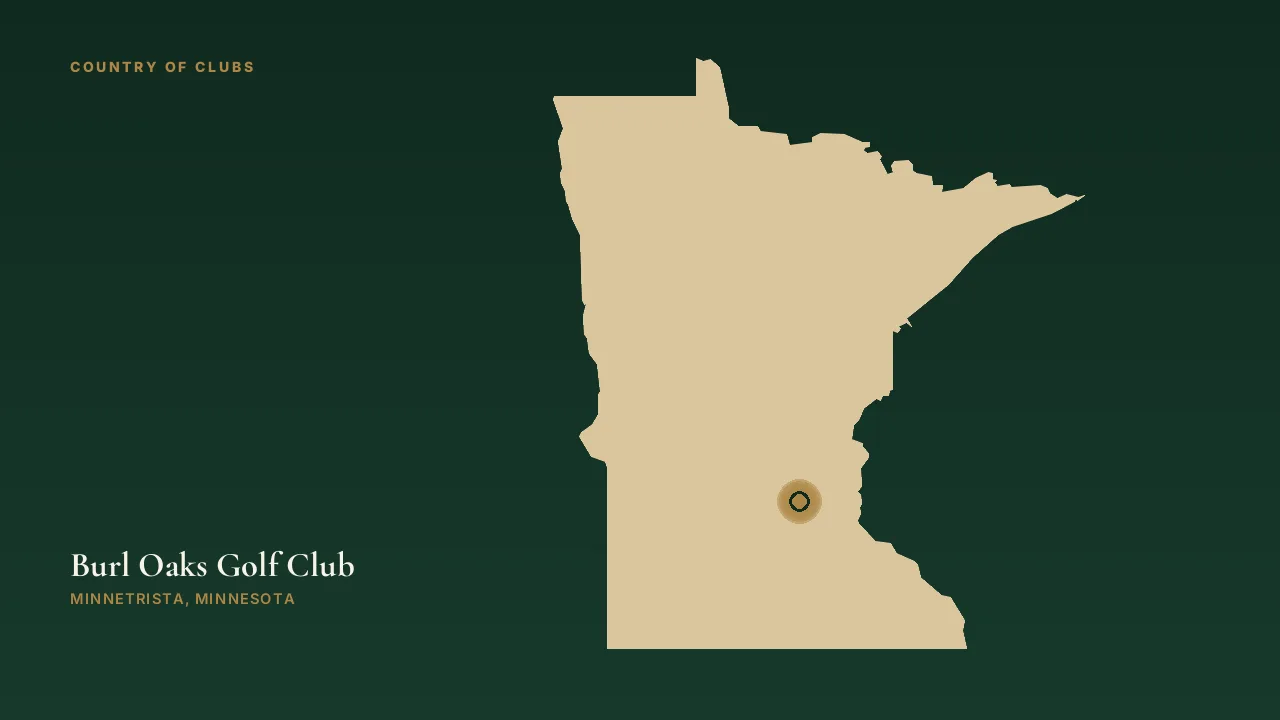 Map illustration marking the location of Burl Oaks Golf Club in Minnetrista, Minnesota.