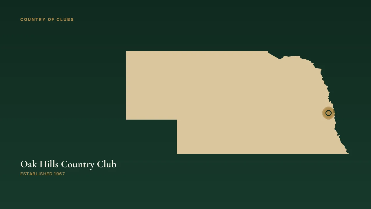 Map illustration marking the location of Oak Hills Country Club in Omaha, Nebraska.