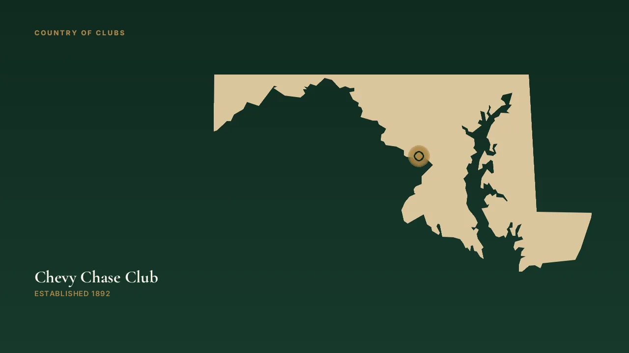 Map illustration marking the location of Chevy Chase Club in Chevy Chase, Maryland.