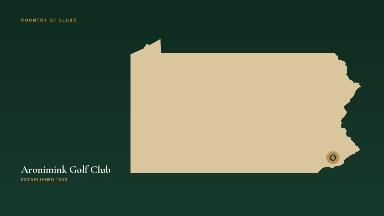 Map illustration marking the location of Aronimink Golf Club in Newtown Square, Pennsylvania.